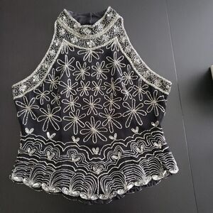Papell Boutique 100% Silk Black and Silver Embellished Top Size Xl